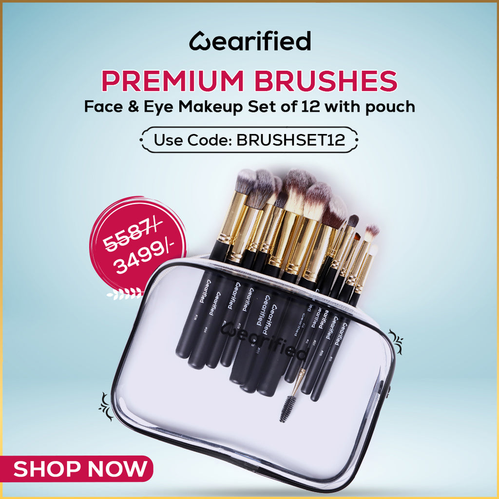 Wearified Makeup Brushes | Absolute Essentials  - Set Of 12 for Face & Eyes with Transparent Pouch